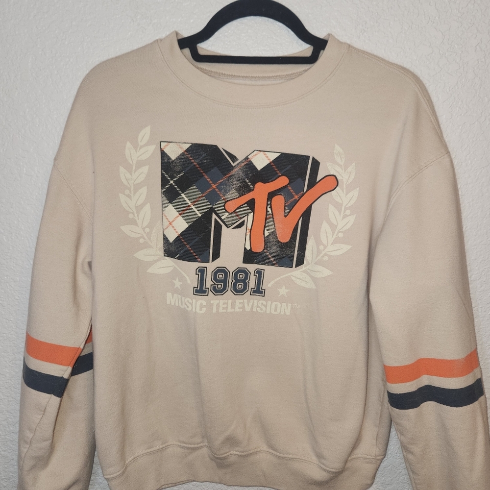 MTV Sweater Sweatshirt Medium Cream S Small Long Sleeve Graphic Music Television - Picture 3 of 10